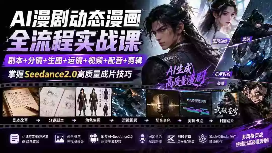 AI漫剧动态漫画全流程实战课:剧本+分镜+生图+运镜+视频+配音+剪辑,掌握Seedance2.0高质量成片技巧