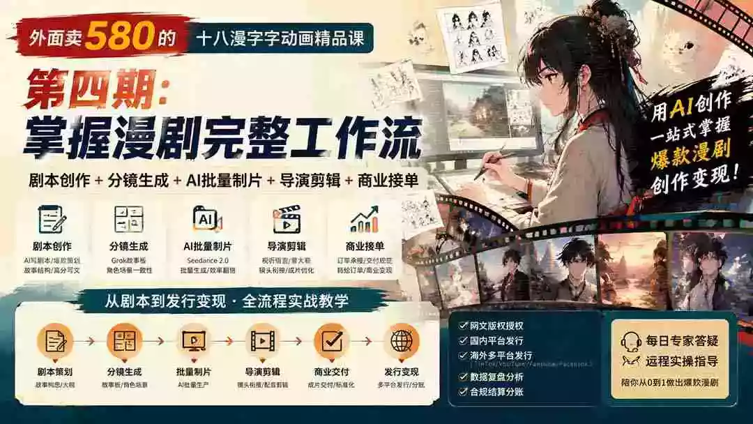 外面卖580的十八漫字字动画精品课-第四期：剧本创作+分镜生成+AI批量制片+导演剪辑+商业接单，掌握漫剧完整工作流