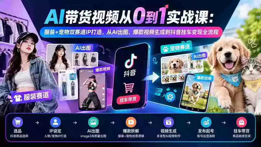 AI带货视频从0到1实战课:服装+宠物双赛道IP打造,从AI出图、爆款视频生成到抖音挂车变现全流程 AI带货视频从0到1实战课:服装+宠物双赛道IP打造,从AI出图、爆款视频生成到抖音挂车变现全流程