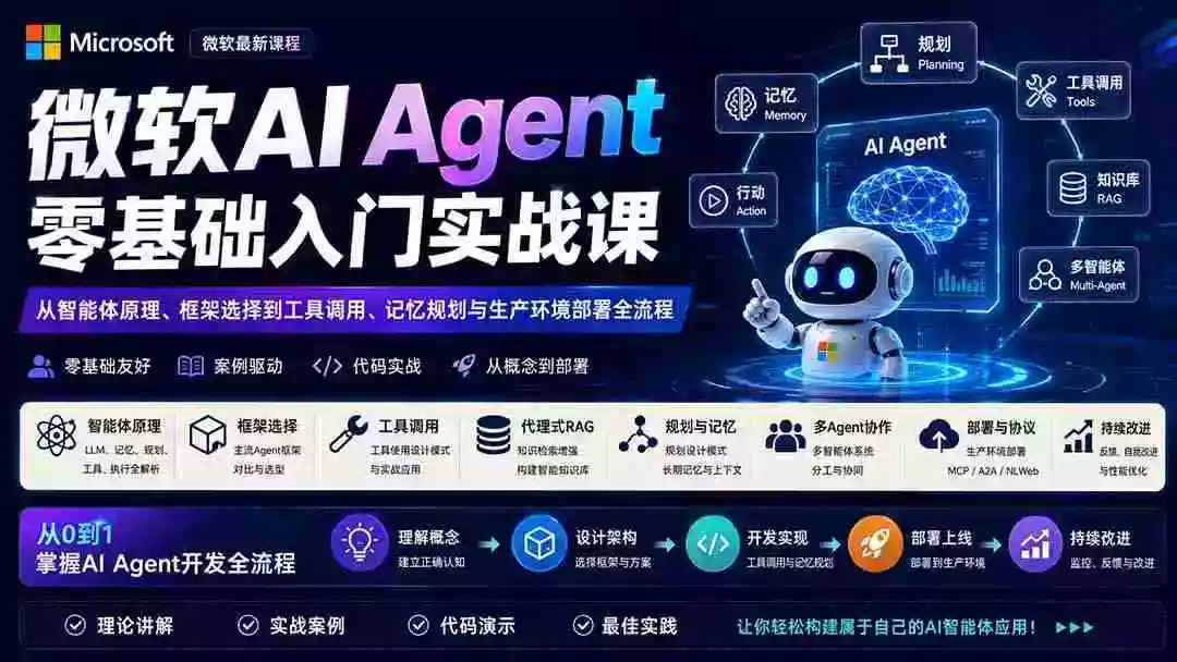 微软AI Agent零基础入门实战课:从智能体原理、框架选择到工具调用、记忆规划与生产环境部署全流程 微软AI Agent零基础入门实战课:从智能体原理、框架选择到工具调用、记忆规划与生产环境部署全流程