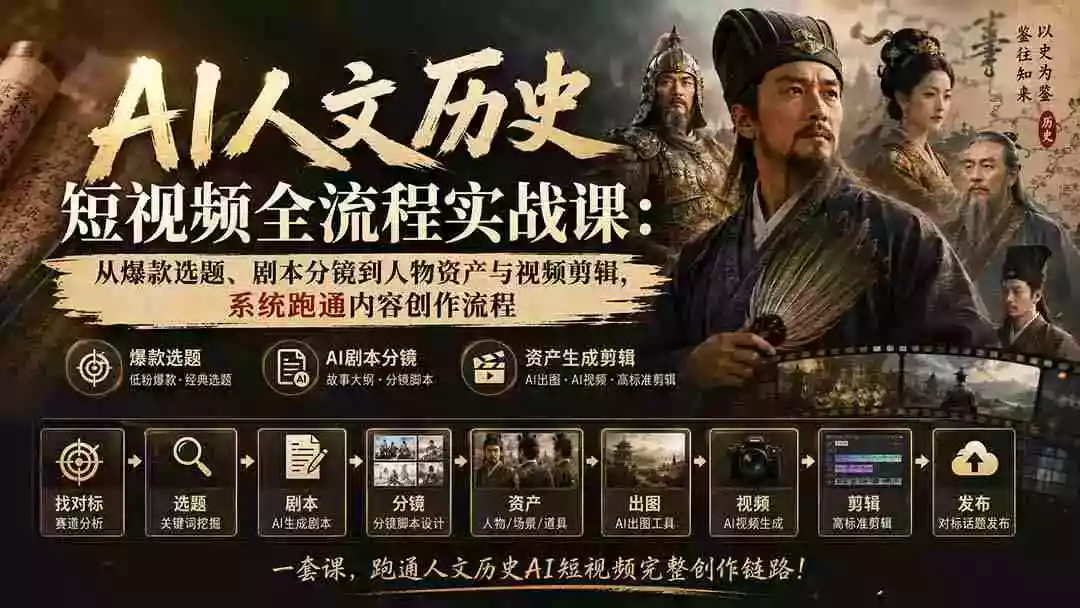 AI人文历史短视频全流程实战课:从爆款选题、剧本分镜到人物资产与视频剪辑,系统跑通内容创作流程 AI人文历史短视频全流程实战课:从爆款选题、剧本分镜到人物资产与视频剪辑,系统跑通内容创作流程