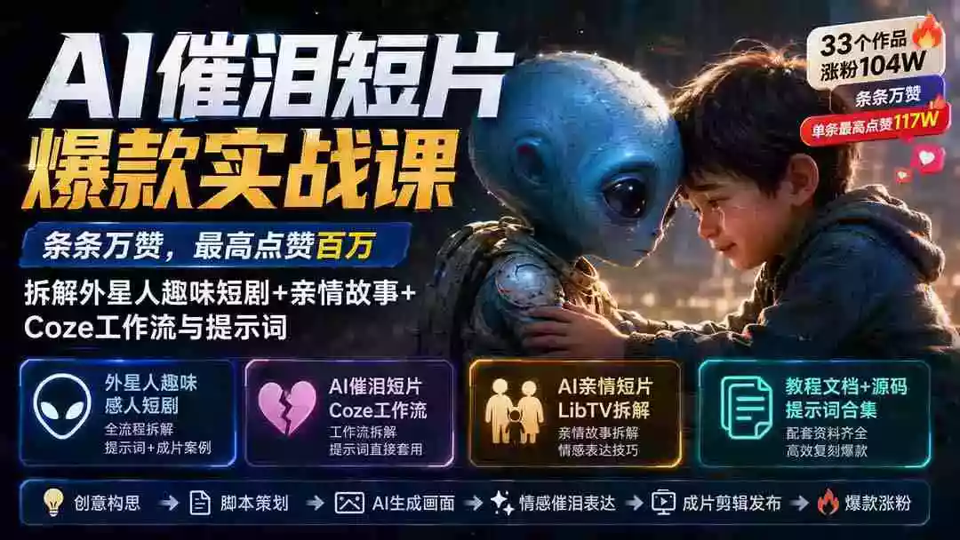 AI催泪短片爆款实战课：条条万赞，最高点赞百万，拆解外星人趣味短剧+亲情故事+Coze工作流与提示词