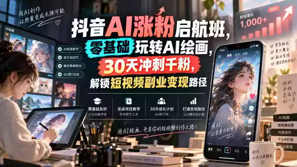 抖音AI涨粉启航班,零基础玩转AI绘画,30天冲刺千粉,解锁短视频副业变现路径 抖音AI涨粉启航班,零基础玩转AI绘画,30天冲刺千粉,解锁短视频副业变现路径