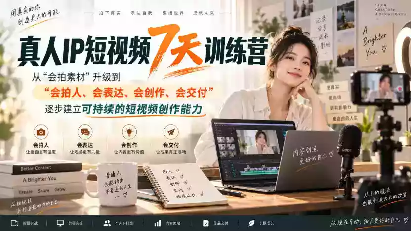 真人IP短视频7天训练营,从“会拍素材”升级到“会拍人、会表达、会创作、会交付”,逐步建立可持续的短视频创作能力 真人IP短视频7天训练营,从“会拍素材”升级到“会拍人、会表达、会创作、会交付”,逐步建立可持续的短视频创作能力