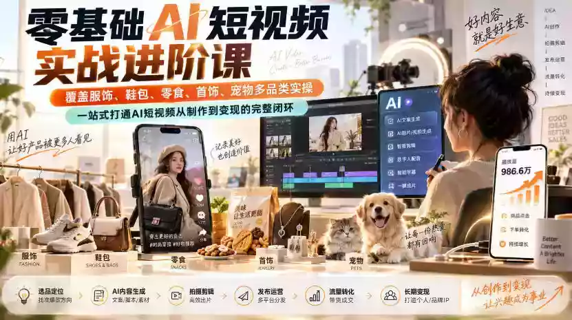 零基础AI短视频实战进阶课,覆盖服饰、鞋包、零食、首饰、宠物多品类实操,一站式打通AI短视频从制作到变现的完整闭环 零基础AI短视频实战进阶课,覆盖服饰、鞋包、零食、首饰、宠物多品类实操,一站式打通AI短视频从制作到变现的完整闭环