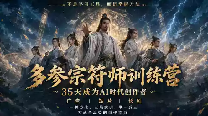 多参宗符师训练营，35天成为AI时代创作者，广告|短片|长剧，一种方法，三段实训，举一反三，打通全品类的创作能力