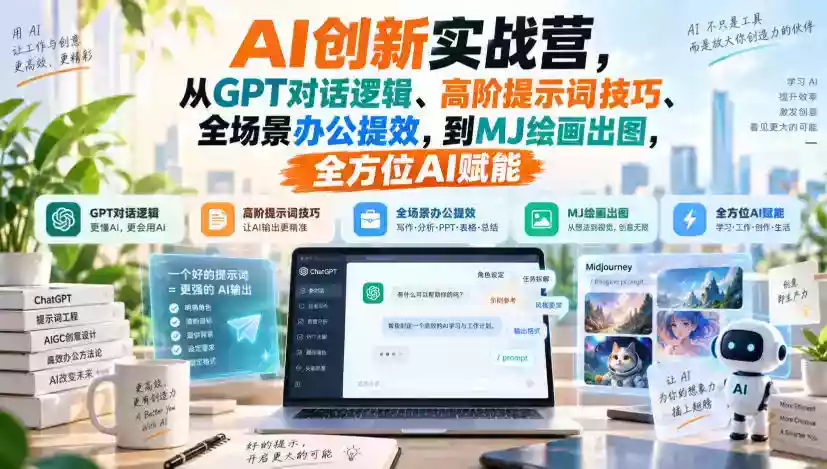 AI创新实战营,从GPT对话逻辑、高阶提示词技巧、全场景办公提效,到MJ绘画出图,全方位AI赋能 AI创新实战营,从GPT对话逻辑、高阶提示词技巧、全场景办公提效,到MJ绘画出图,全方位AI赋能