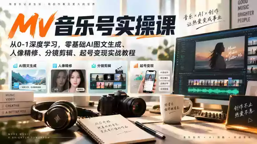 AI MV音乐号实操课,从0-1深度学习,零基础AI图文生成、人像精修、分镜剪辑、起号变现实战教程 AI MV音乐号实操课,从0-1深度学习,零基础AI图文生成、人像精修、分镜剪辑、起号变现实战教程