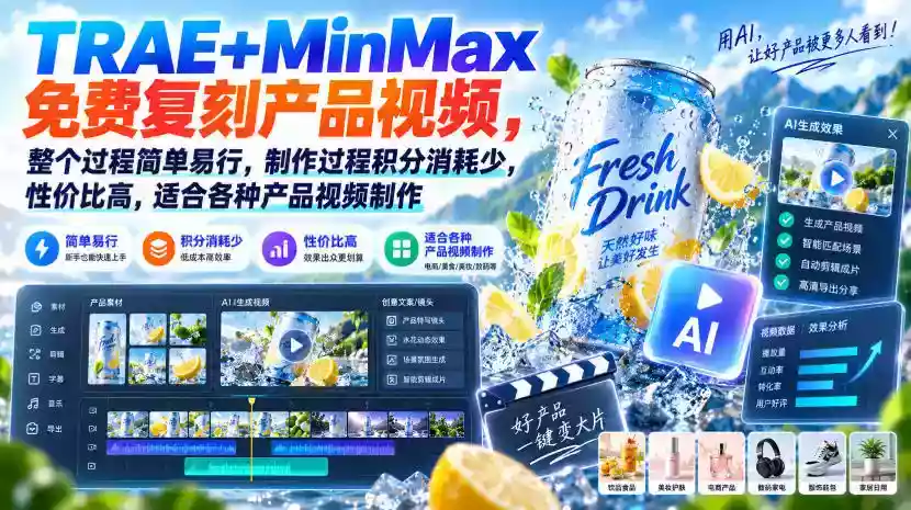 TRAE+MinMax免费复刻产品视频,整个过程简单易行,制作过程积分消耗少,性价比高,适合各种产品视频制作 TRAE+MinMax免费复刻产品视频,整个过程简单易行,制作过程积分消耗少,性价比高,适合各种产品视频制作