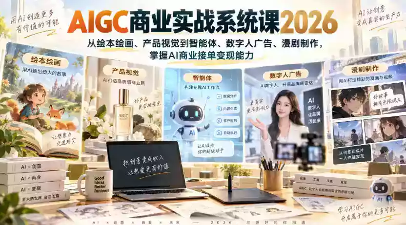 AIGC商业实战系统课2026,从绘本绘画、产品视觉到智能体、数字人广告、漫剧制作,掌握AI商业接单变现能力 AIGC商业实战系统课2026,从绘本绘画、产品视觉到智能体、数字人广告、漫剧制作,掌握AI商业接单变现能力
