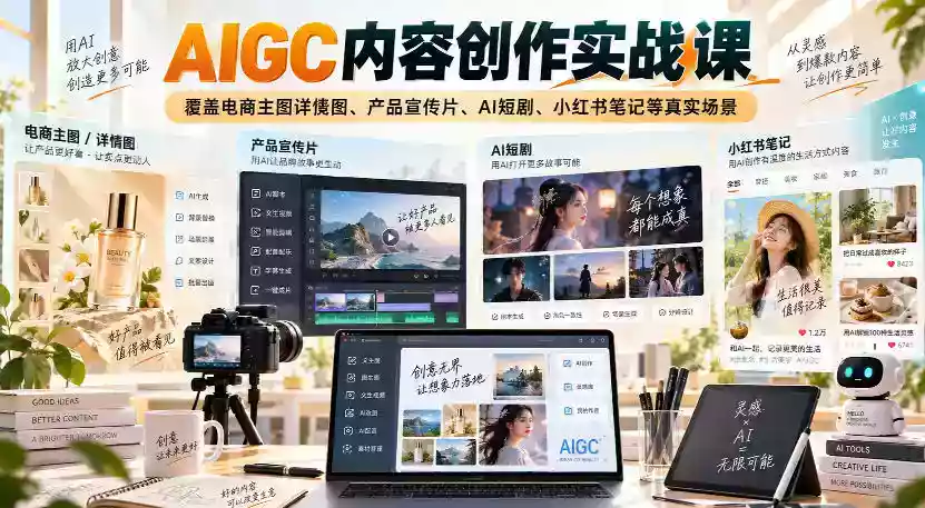 AIGC内容创作实战课,覆盖电商主图详情图、产品宣传片、AI短剧、小红书笔记等真实场景 AIGC内容创作实战课,覆盖电商主图详情图、产品宣传片、AI短剧、小红书笔记等真实场景