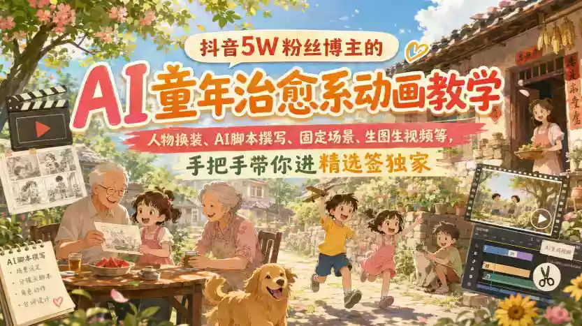 抖音5W粉丝博主的AI童年治愈系动画教学,人物换装、AI脚本撰写、固定场景、生图生视频等,手把手带你进精选签独家 抖音5W粉丝博主的AI童年治愈系动画教学,人物换装、AI脚本撰写、固定场景、生图生视频等,手把手带你进精选签独家