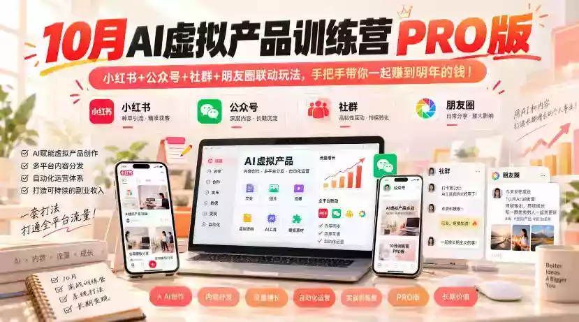 10月AI虚拟产品训练营PRO版,小红书+公众号+社群+朋友圈联动玩法,手把手带你一起赚到明年的钱!(更新1022) 10月AI虚拟产品训练营PRO版,小红书+公众号+社群+朋友圈联动玩法,手把手带你一起赚到明年的钱!(更新1022)