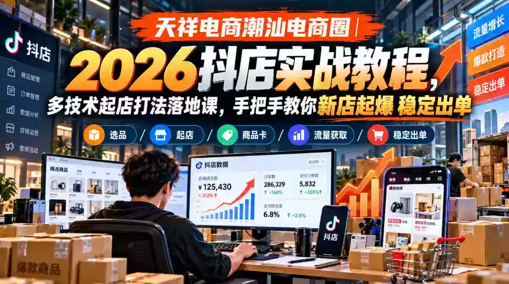 天祥电商潮汕电商圈|2026抖店实战教程,多技术起店打法落地课,手把手教你新店起爆稳定出单
